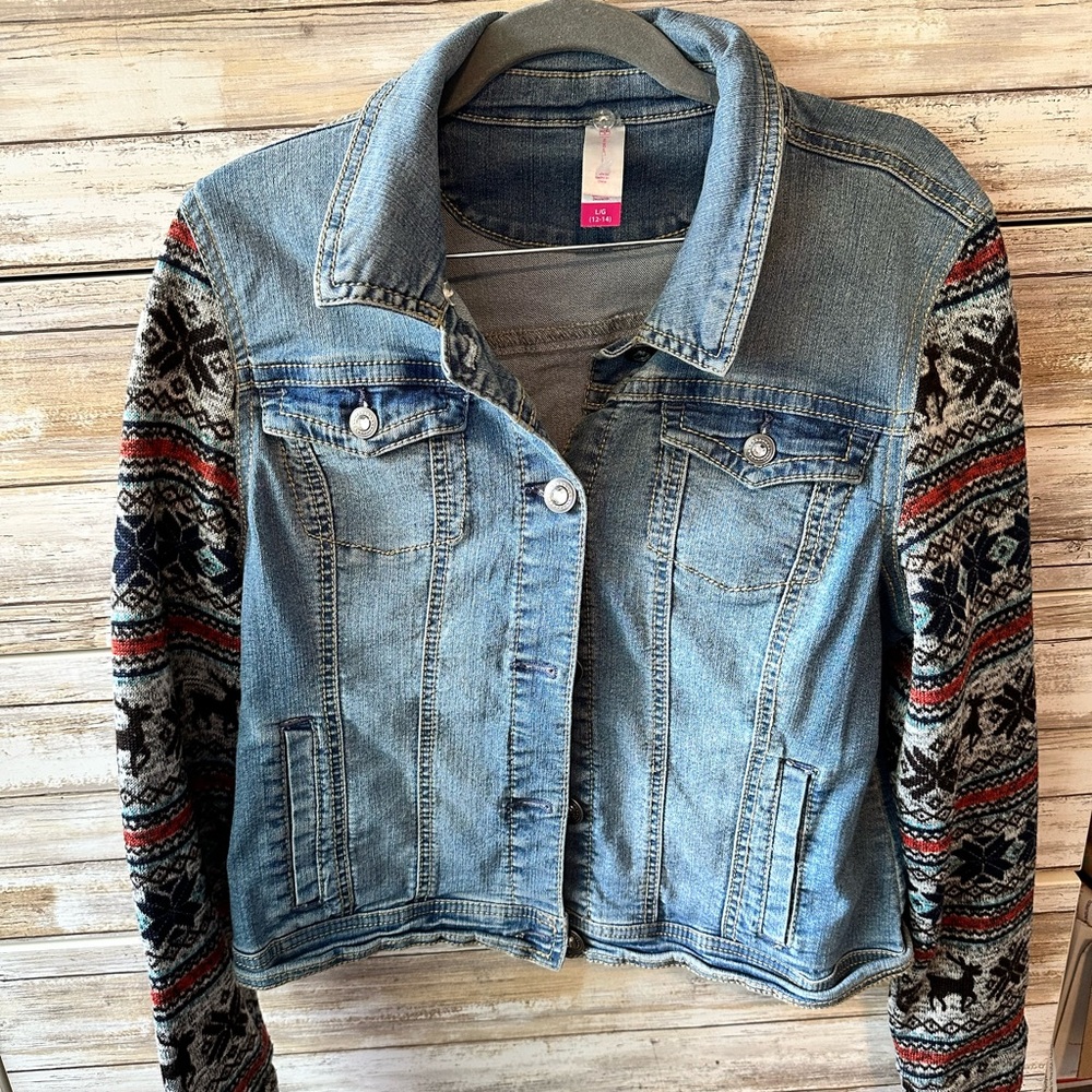 🧥 No Boundaries Denim Jacket Aztec Knit Sleeves Boho Trucker Size L
